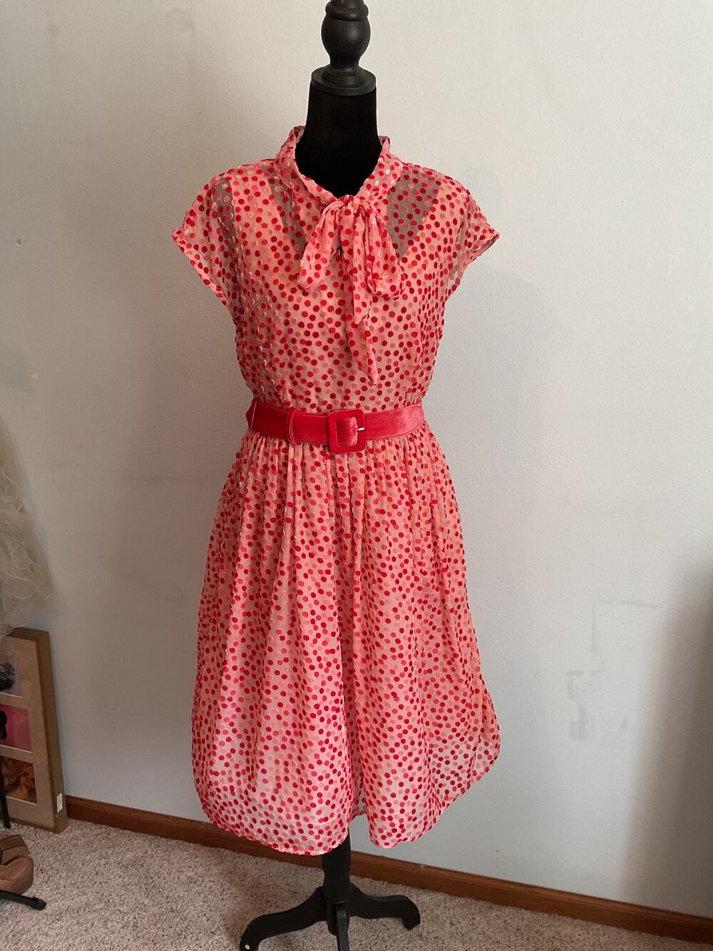 ModCloth Confetti Confection Red Velvet Polka Dot Tie Neck Swing Belted Dress S